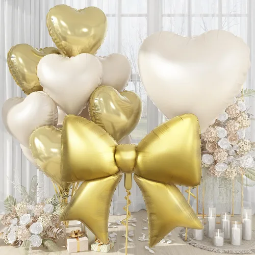 Miniatura 19 de Globos de Corazón Beige Neutro de 30", Globos de Papel de Aluminio con Lazo Grande, 10 Piezas de Globos Gigantes de Lazo Crema de 38" con Juego