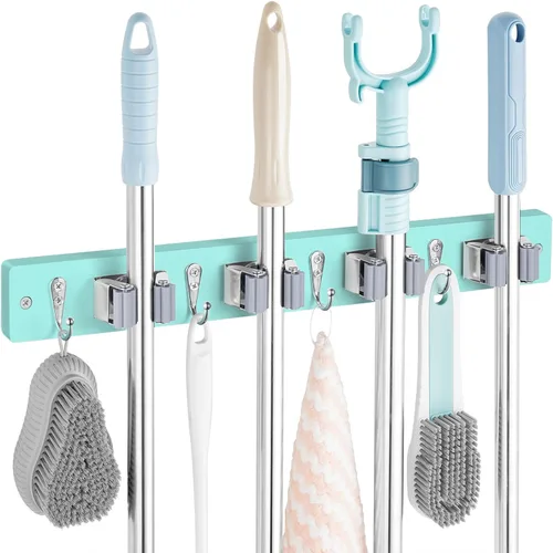 Miniatura 16 de OUTNILI Soporte de Pared Negro para Escoba y Trapeador con 4 Ranuras y 4 Ganchos - Colgador de Escoba y Trapeador de Madera Rústica para Despensa