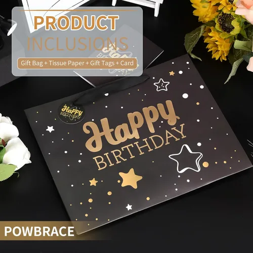 Miniatura 3 de Powbrace Bolsa de regalo de cumpleaños negra con papel de seda y tarjeta de felicitación, 13 x 10.2 x 4.9 pies, mediana