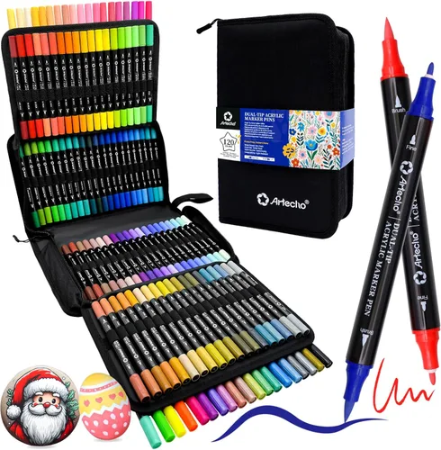 Marcadores de pintura acrílica Artecho 120 colores con bolsa, marcadores de pintura acrílica con punta de pincel y punta fina para piedra, pintura