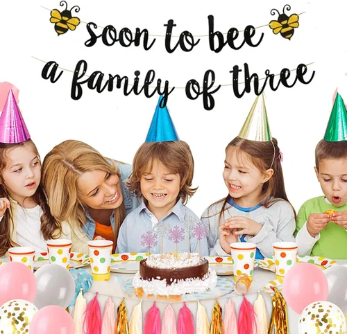 Miniatura 4 de KUNGOON Cartel de bienvenida para fiesta de bebé con texto en inglés «Soon To Bee a Family of Thres», baby shower con temática de abejorro