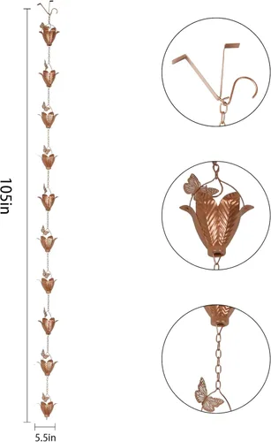 Miniatura 9 de Topadorn Cadena de lluvia de metal para decoración de 8.7 pies, canal de cadena de metal de 105 pulgadas para aleros de casa, jardín y hogar