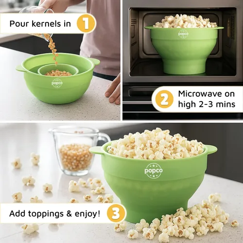 Miniatura 5 de POPCO Palomera de silicona para microondas con asas, palomitas de maíz de silicona, cuenco plegable y apto para lavavajillas - 15 colores Verde