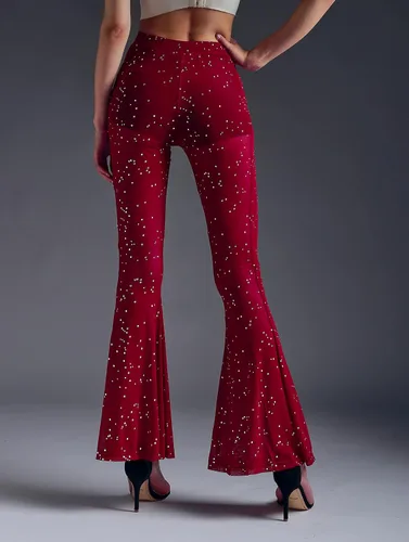 Miniatura 5 de Anlaey Pantalones de baile de malla transparente para rave, con lentejuelas brillantes, acampanados, cintura alta, para festivales, clubes, trajes
