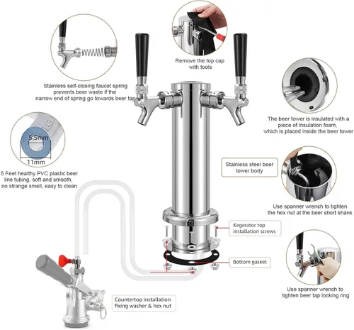 Miniatura 3 de Torre Kegerator Torre de cerveza de doble grifo, torre de cerveza de acero inoxidable con brida de 3 pulgadas, dispensador de torre de cerveza