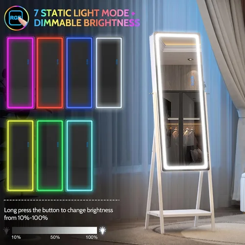 Miniatura 3 de LVSOMT Armario con espejo LED RGB para joyería, organizador de joyas de pie, espejo de cuerpo entero con almacenamiento de joyas, espejo de piso