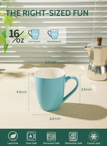 Miniatura 2 de Sweese Tazas de café de porcelana – 16 onzas (arriba al borde) para café, latte, té, cacao, juego de 4, turquesa