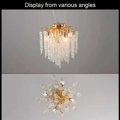 Miniatura 2 de Candelabro de Cristal Rama de Árbol Dorado Gota de Lluvia Redonda Lámpara Colgante con Borla Luminaria de Techo Colgante para Dormitorio Sala