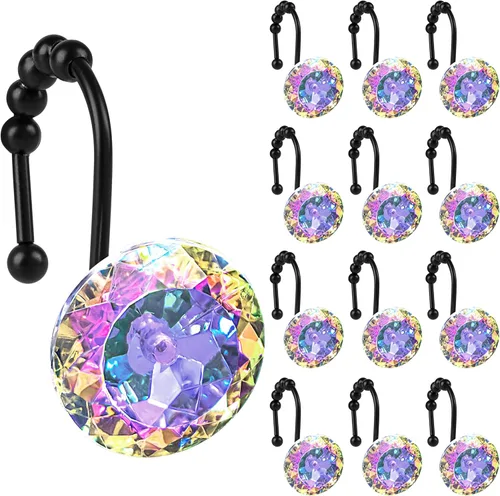 Miniatura 29 de Sunlit Diseño de Lujo Redondo Aqua Azul Diamante Cristal Gema Bling con Bolas Deslizantes Ganchos para Cortina de Ducha, Anillos para Cortina