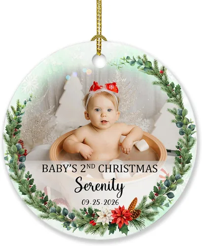 Adorno de Navidad de la segunda Navidad del bebé 2026, marco de fotos de corona, adorno de segunda Navidad para papá, mamá, nombre de bebé