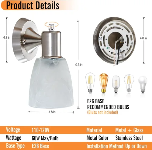 Miniatura 2 de EJIAXIN Juego de 2 apliques de pared, luces de tocador de níquel cepillado para baño, modernas lámparas de pared con interruptor giratorio, lámpara