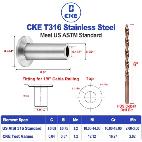 Miniatura 3 de CKE Paquete de 80 fundas protectoras de acero inoxidable T316 para barandillas de cable de cuerda de alambre de 1/8 pulgadas, fundas protectoras