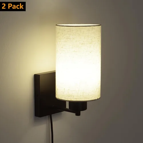 Miniatura 2 de KOONTING® Juego de 2 apliques de pared enchufables, lámpara de pared rústica con cable de enchufe e interruptor de palanca de encendido/apagado, Lino