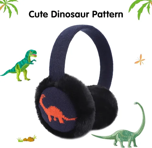 Miniatura 6 de LUCKYBUNNY Juego de orejeras de dinosaurio de punto para niños, orejeras de felpa cálida para invierno y exteriores, para clima frío