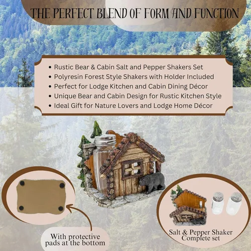 Miniatura 2 de BestGiftEver Juego de saleros y pimenteros con soporte, diseño de oso y cabaña para cocina estilo cabaña, decoración rústica de poliresina