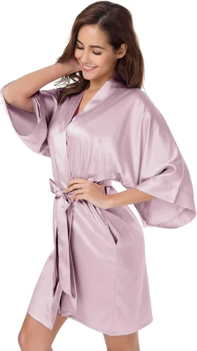 SIORO - Albornoz de satén para mujer, sedoso kimono, para novia, damas de honor, boda, fiesta, salón, corto, XS-XXL