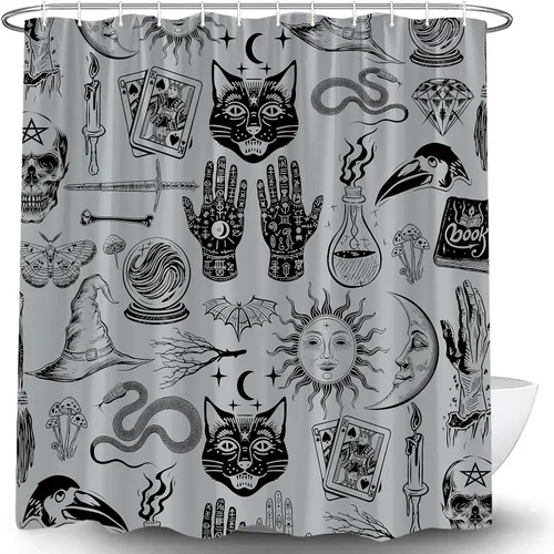 Miniatura 10 de Cortina de ducha de bruja de Halloween, color negro, espeluznante, alquimia gótica, psíquica, espeluznante, calavera, esqueleto, tablero de Ouija