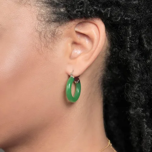 Miniatura 4 de Gem Stone King Aretes de aro de jade verde Plata de ley 925 Diámetro de 1/2 pulgada Aretes de aro clásicos con bisagra y poste con muescas