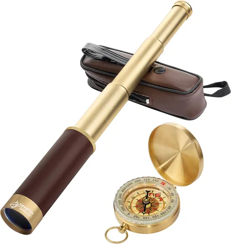 Telescopio pirata retro con zoom de 25x30, telescopio portátil plegable de mano, monocular vintage para niños y equipo de supervivencia, brújula de