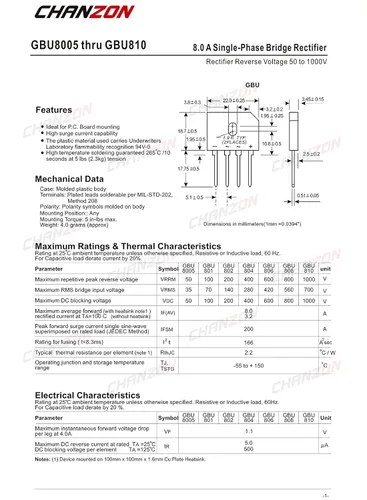 Miniatura 2 de Chanzon GBU806 Puente Rectificador Diodo 8A 600V GBU-4 (SIP-4) Monofásico, Onda Completa 8 Amp 600V Diodos de Silicio Electrónicos