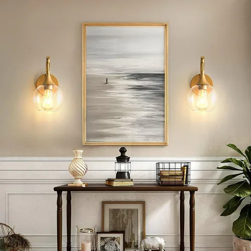 Miniatura 5 de Aplique de pared dorado, 1 luz de tocador de baño, lámpara de pared moderna con pantalla de vidrio transparente de 4.9 pulgadas, lámparas de pared