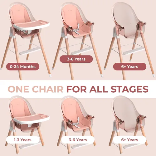 Miniatura 6 de Silla alta de Children Of Design - Trona de bebé 6 en 1 no reclinable para bebés y niños pequeños, de madera moderna, fácil de limpiar, bandeja Rosa