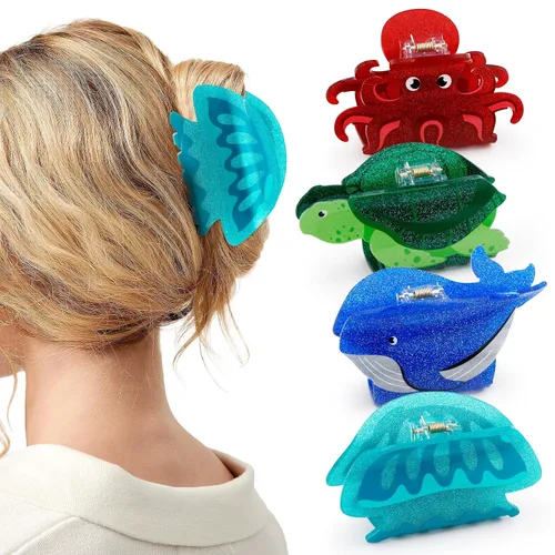 4 pinzas de pelo de animales marinos para mujeres y niñas, grandes, pinzas de pelo oceánicas, vida marina bajo el mar, tortuga marina, ballena,