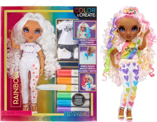 Miniatura 8 de Rainbow High Muñeca de moda DIY para crear con acuarelas y crear con kit de tie-dye lavable, ojos verdes, cabello largo y liso, top y zapatos