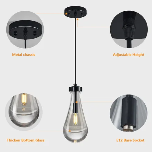 Miniatura 7 de Luces colgantes de gota de lluvia, para isla de cocina, lágrima, lámparas colgantes negras, lámparas colgantes de vidrio sólido transparente
