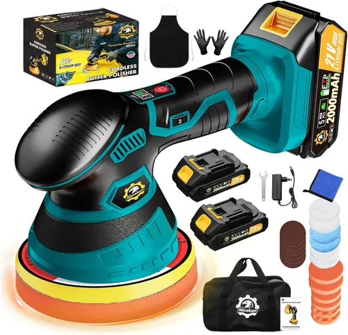 Miniatura 10 de Kit de pulidor inalámbrico para automóvil [2 baterías de 2000 mAh 21 V y 18 accesorios] Diseño orbital de 6 velocidades, pantalla LED, herramienta