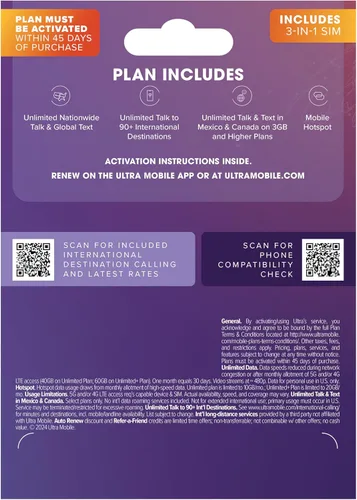 Miniatura 6 de $49/mes. Plan telefónico prepago Ultra Mobile con llamadas, mensajes de texto y datos ilimitados durante 1 mes (kit de tarjeta SIM 3 en 1)