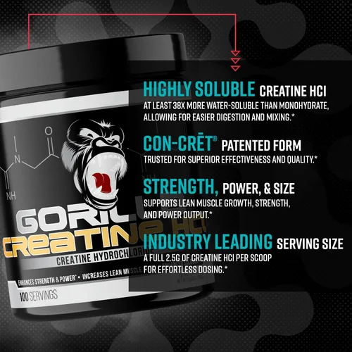 Miniatura 3 de Gorilla Mind CON-CRēT creatina HCl con pepsina Alternativa amigable con GI-Friendly Tamaño muscular mejorado, potencia de salida y fuerza
