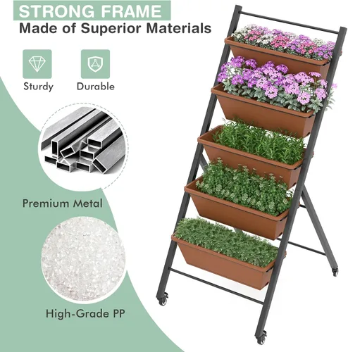 Miniatura 7 de Safstar - Macetero vertical de 5 niveles, cama de jardín elevada con 2 ruedas con bloqueo, 5 jardineras extraíbles, marco de metal, caja