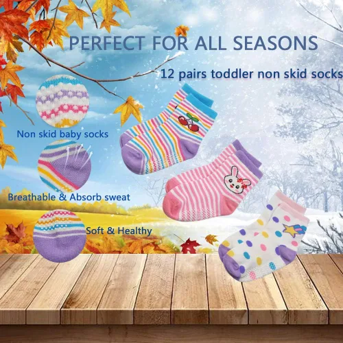 Miniatura 46 de Tphon Calcetines para niños pequeños con empuñaduras, 12 pares de calcetines antideslizantes de algodón para niños y niñas de 1 a 7 años