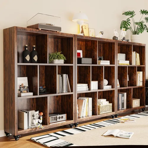 Miniatura 8 de FUSUNBAO Estantería estilo 7 cubos con marco de ruedas, organizador de almacenamiento de libros de estilo industrial, estantes fijos de pie