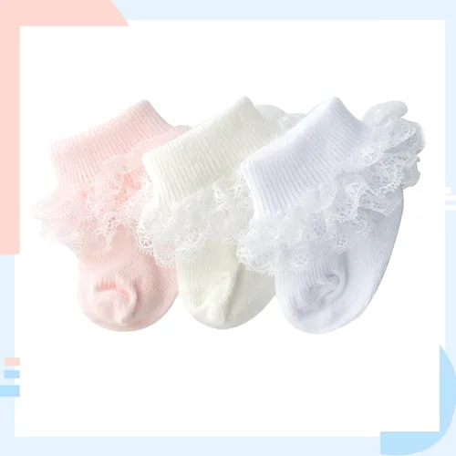 Miniatura 6 de Calcetines para bebé niña con ojales, calcetines de encaje triple con volantes, calcetines con puño retorcido, 2/3/5 pares, calcetines de tobillo