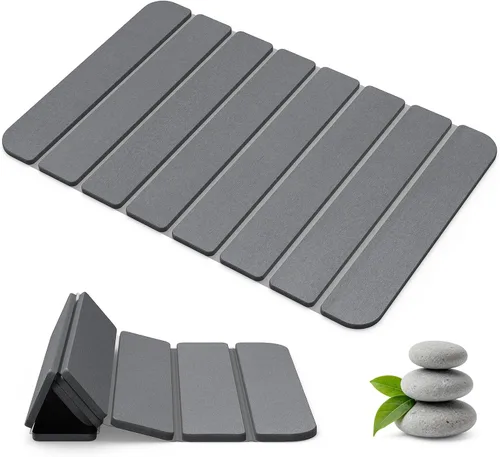 Tapete de baño de piedra de diatomeas antideslizante, plegable para baño, secado rápido, súper absorbentes, tierra de diatomeas, de 24 x 16 Gris