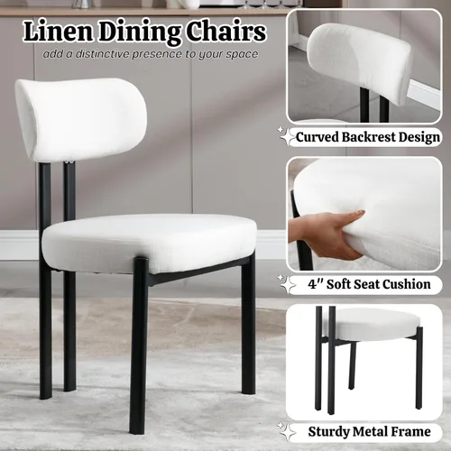 Miniatura 4 de HEAH-YO Juego de 2 sillas de comedor modernas, sillas de cocina de tela de lino con patas de metal negro, sillas laterales tapizadas sin brazos