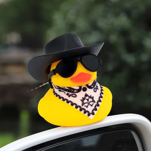 Miniatura 5 de wonuu Decoración de pato de goma para automóvil, accesorios de decoración de tablero de instrumentos de pato vaquero occidental con mini anillo