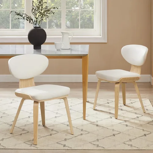 Art Leon Juego de 2 sillas de comedor modernas de mediados de siglo, sillas de comedor tapizadas de piel sintética sin brazos con patas de madera