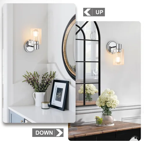 Miniatura 8 de Apliques de Pared de Baño de 2 Luces con Cristal Transparente, Luces de Pared de Baño Sobre Espejo, Luces de Tocador Cromadas con Base E26