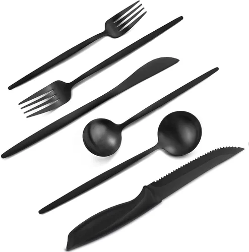 VANVRO Juego de 48 piezas de cubiertos de color negro mate con cuchillos para carne, juego de cubiertos de acabado satinado, juego de cubiertos