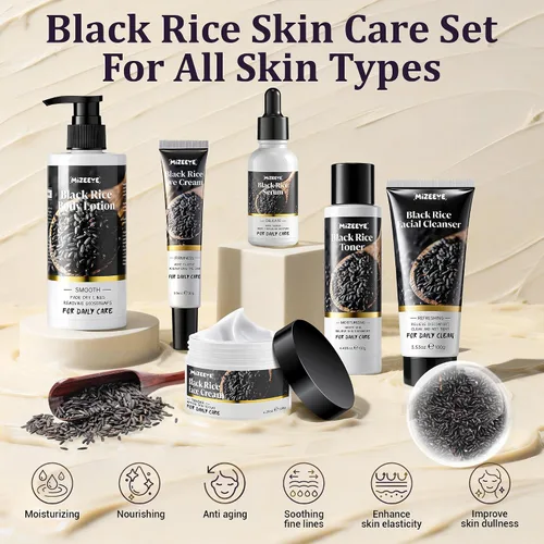 Miniatura 3 de Juego de rutina de cuidado de la piel de arroz negro natural para mujeres, kit antienvejecimiento con lavado facial, tóner, suero, loción corporal