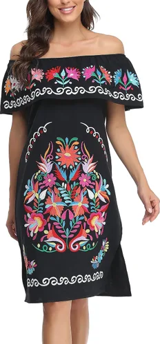 Miniatura 2 de YZXDORWJ Vestido bordado mexicano para mujer cuello con volantes sin mangas