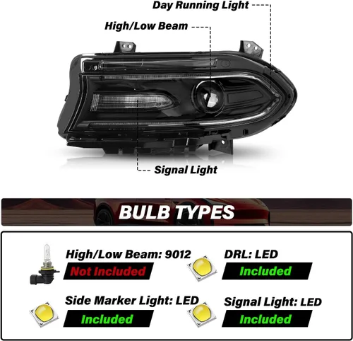 Miniatura 2 de Conjunto de faros halógenos compatible con Dodge Charger 2015-2023 con doble barra LED DRL, par izquierdo del conductor izquierdo