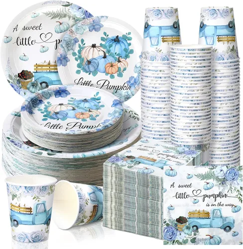 Miniatura 12 de Hsei 250 piezas de platos y servilletas de calabaza de otoño para decoración de fiesta, juegos de vajilla desechable para baby shower, suministros