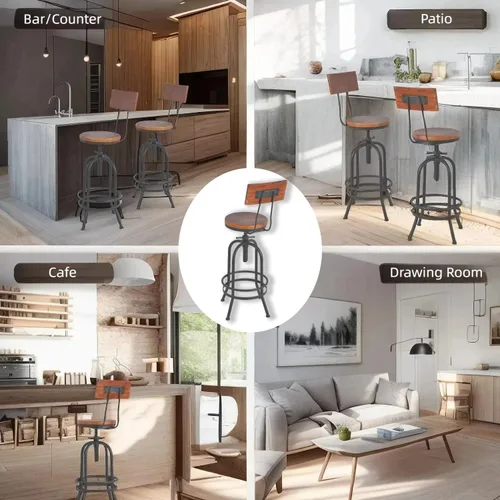 Miniatura 5 de Juego de 2 taburetes de bar industriales con respaldo, asiento giratorio de madera, barra de bar altura ajustable de 26 a 32.2 pulgadas, silla