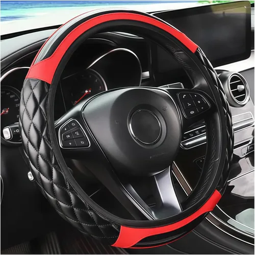 Miniatura 7 de Funda de fibra de carbono para volante de automóvil, de cuero transpirable, antideslizante, protector de volante de vehículo de 14.5 a 15 pulgadas