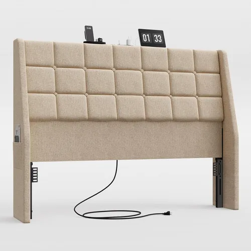 Miniatura 8 de Cabecero tapizado ergonómico tamaño Queen con estación de carga, cabeceros acolchados tipo ala con bolsillo de almacenamiento, solo cabecero Queen