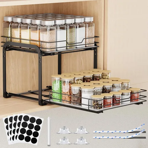 Organizador de especias extraíble para gabinete, organizador de condimentos de metal de 2 niveles, estante de almacenamiento de especias, estante